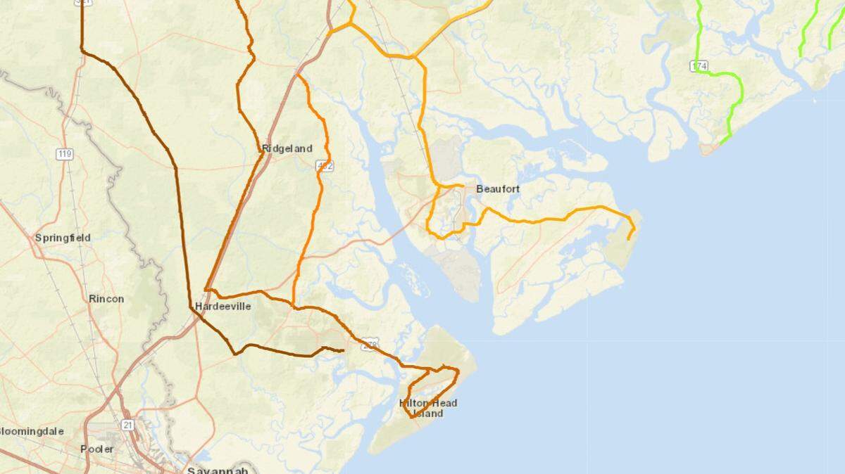 Screenshot from SCDOT’s evacuation routes.