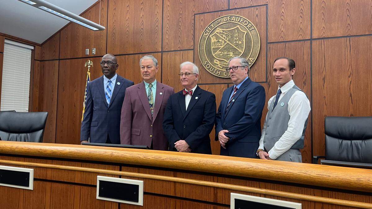 Beaufort’s City Council posed for a photo after new Mayor Phil Cromer was sworn in. Left to right are: Mitch Mitchell, Mike McFee, Cromer, Neil Lipsitz and Josh Scallate