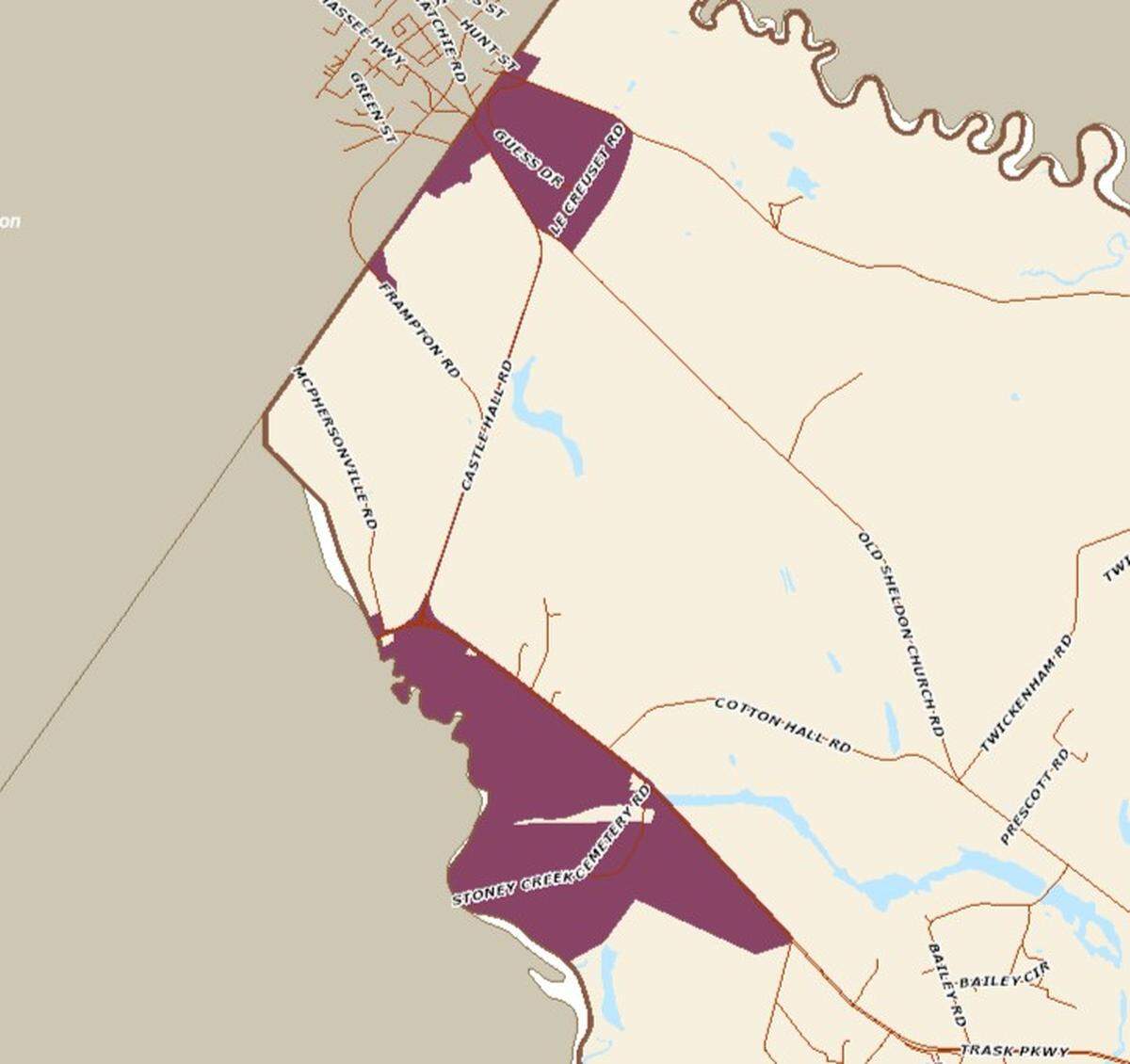 A rudimentary map shows the small part of the Town of Yemassee that is part of Beaufort County (shown in maroon). The rest of the town, northwest of Beaufort County, belongs to Hampton County.