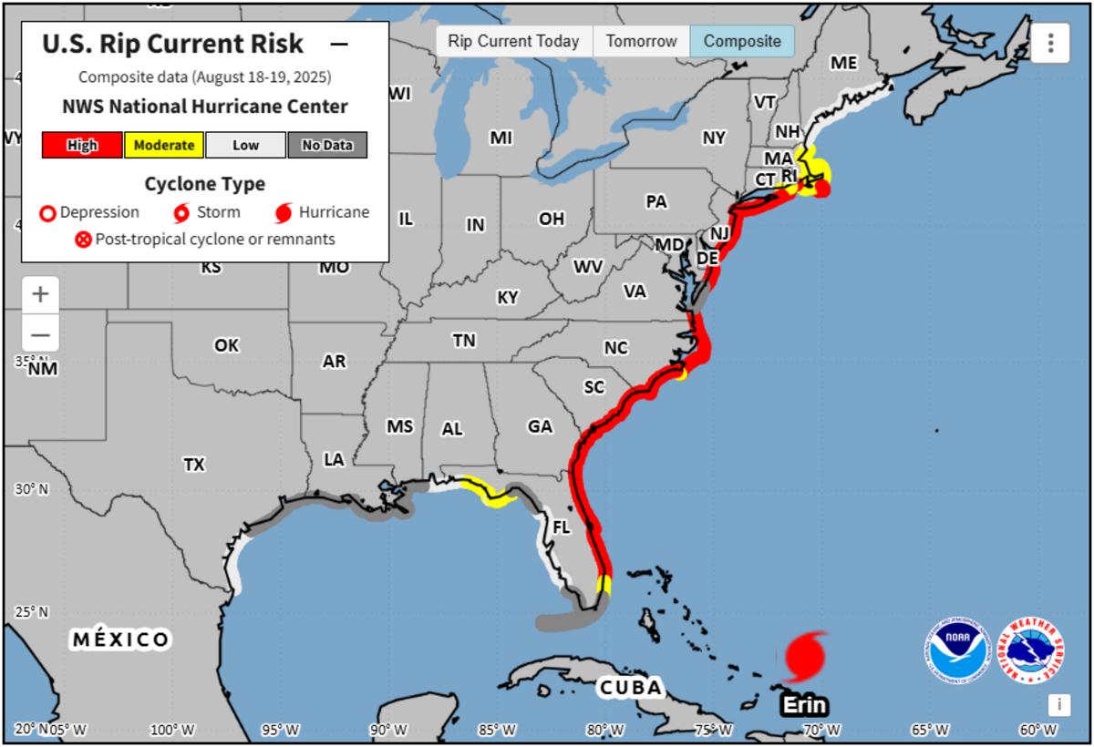 Life-threating rip currents are expected to pose a risk to beachgoers from Florida to Massachusetts this week, according to this map posted to X by the National Weather Service.