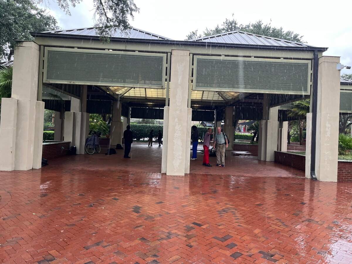 About a dozen people without homes regularly spend time in the pavilion in Waterfront Park. Several were watching the weather Wednesday morning as Idalia approached the South Carolina Coast.