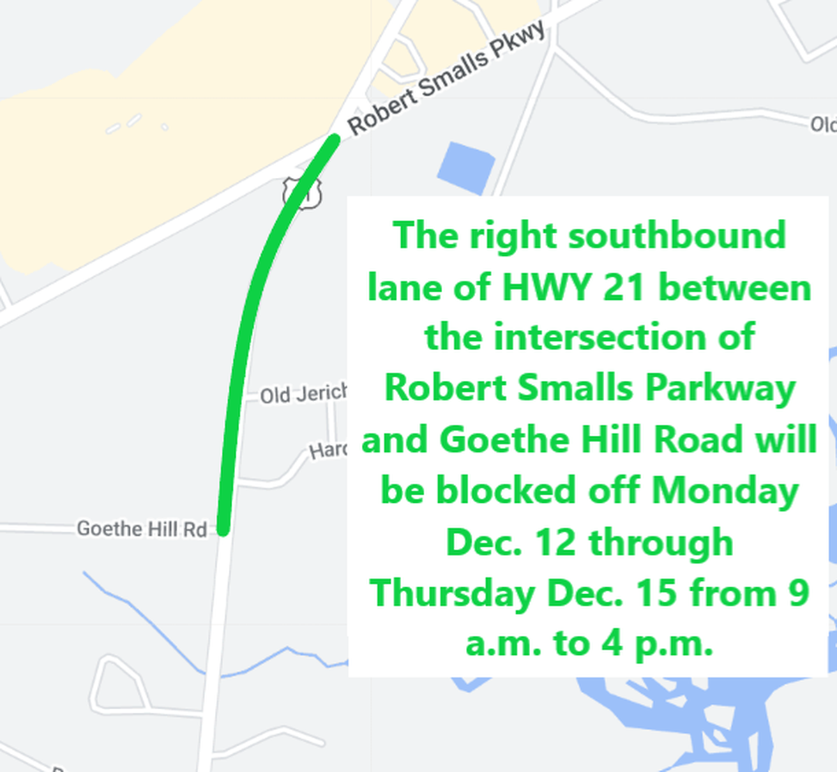 The southbound right lane will be blocked from Monday Dec. 12 to Thursday Dec. 15