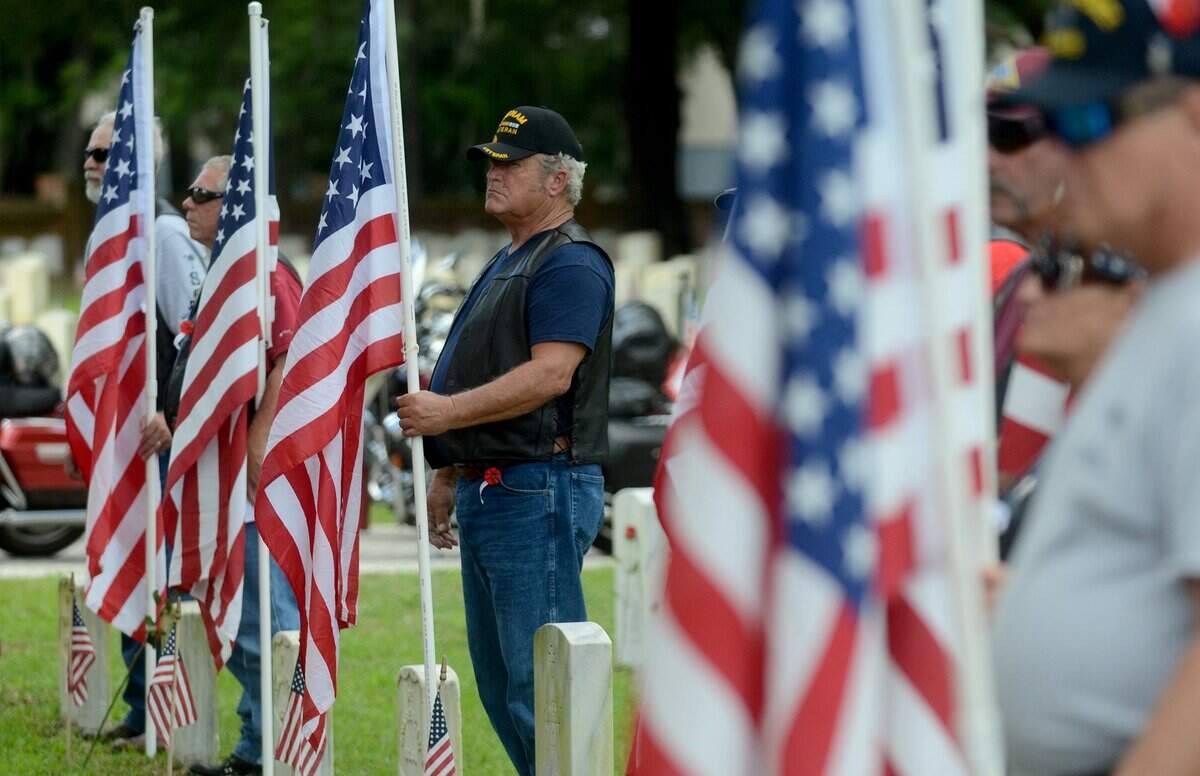 Jasper Wiseley, of Beaufort, stands with his fellow members of the Patriot Guard Riders during the 120th Memorial Day Ceremony at the Beaufort National Cemetery on Monday, May 30, 2016, in Beaufort.