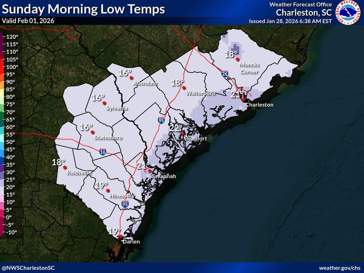 The National Weather Service says the coldest conditions are expected Saturday night into Sunday morning.