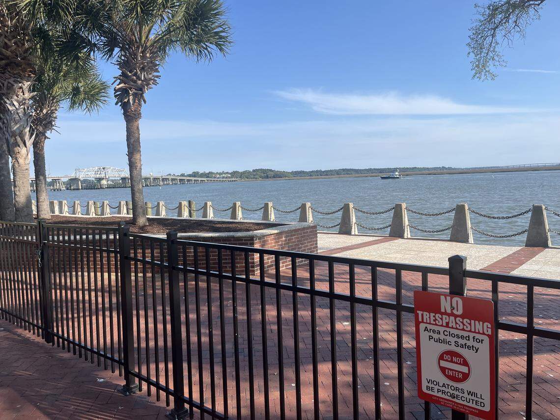 A fence keeps the public off of the promenade at Beaufort Waterfront Park. The promenade has been closed since July due to structural problems.