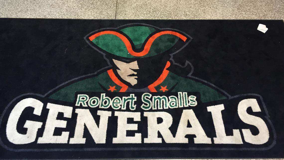 Robert Smalls International Academy logo on a mat, since removed, just inside the school entrance.