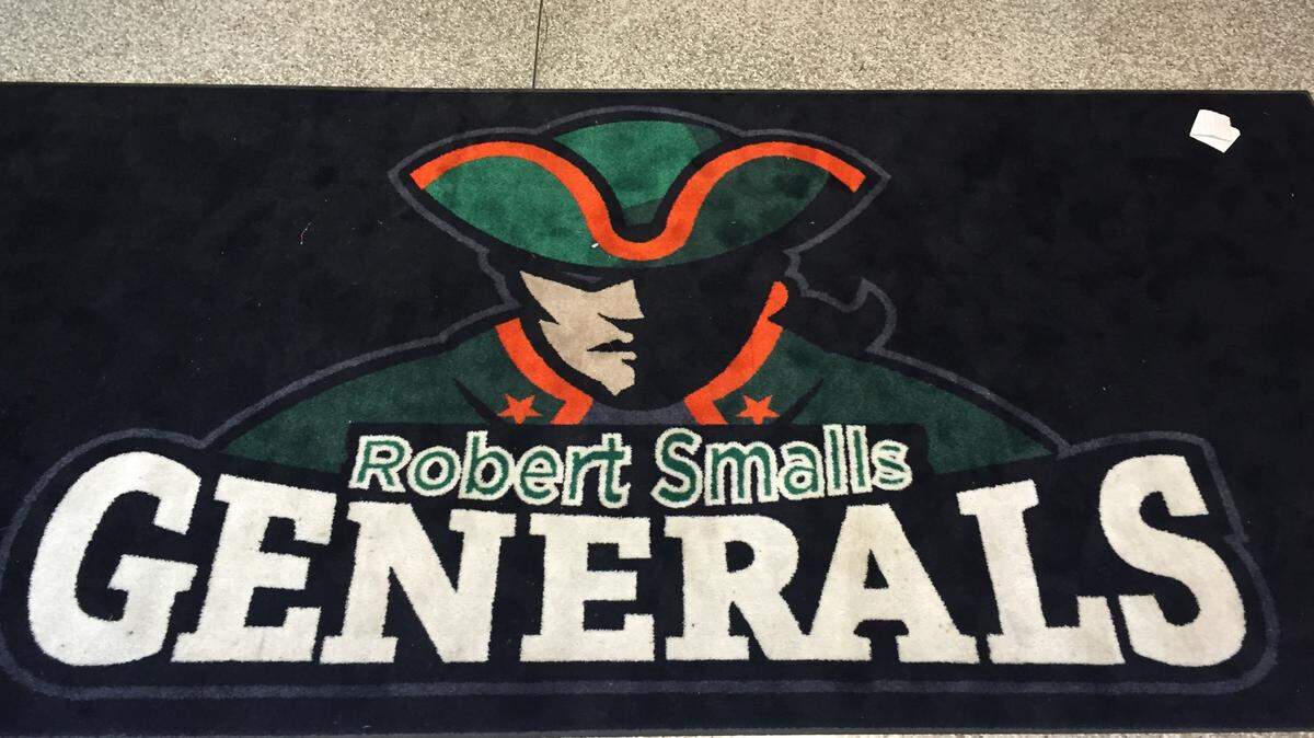 Robert Smalls International Academy logo on a mat, since removed, just inside the school entrance.