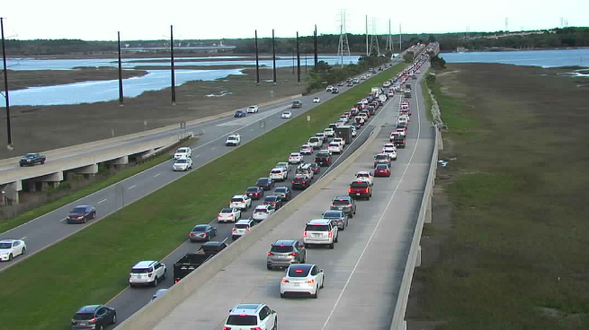 Cars wait to move onto Hilton Head Island following a March 9, 2023 accident on the U.S. 278 bridge connecting Hilton Head to the mainland.