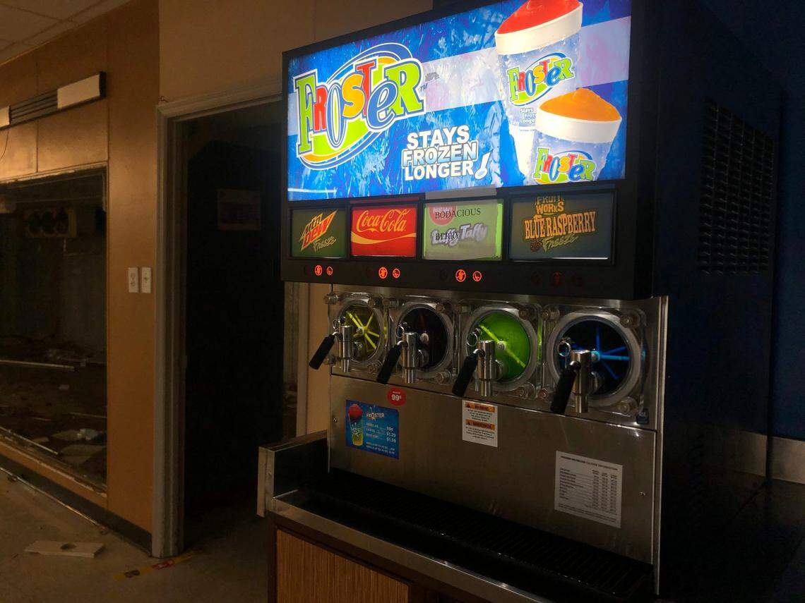 The slushie mix is still in the machine at the Kangaroo Express gas station on Hilton Head’s south end on March 2, 2021. The rest of the store has been gutted.