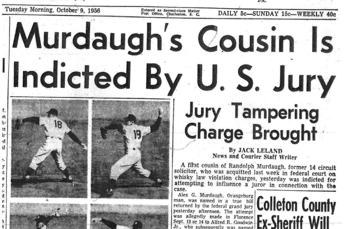 News clipping from Charleston’s S.C. The News and Courier on Oct. 9, 1956 when Buster Murdaugh’s first cousin, Alex G. Murdaugh of Orangeburg, was indicted on charges of attempting to influence a juror in his cousin’s case.