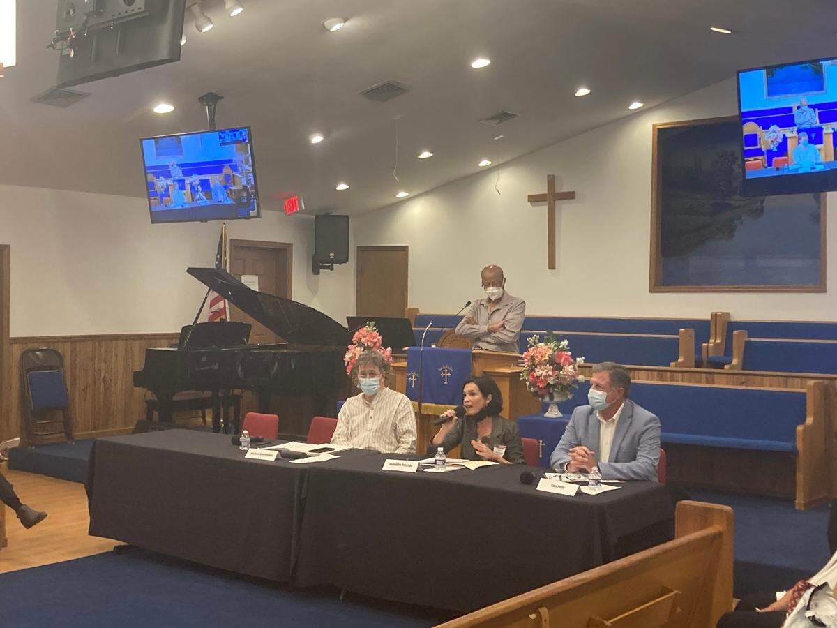 Hilton Head mayoral candidates (from left to right) Michael Santomauro, JoAnn Orischak and Alan Perry speak Monday, Oct. 17 at Central Oak Missionary Baptist Church. The forum was organized by the Hilton Head Gullah Geechee Leadership Council.