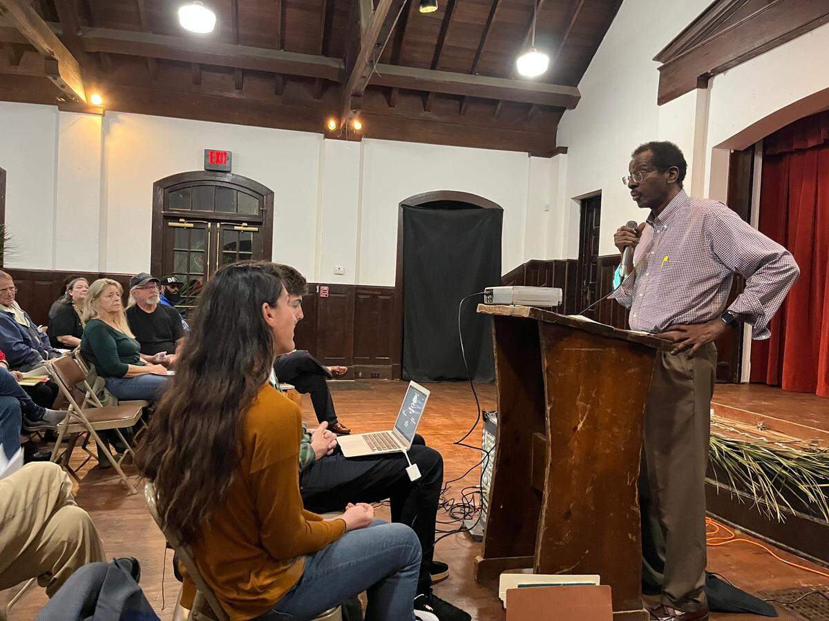 Albert Brown, a Penn Center board member, speaks during a meeting Thursday at Penn Center about a proposed golf course and housing development at Pine Island/St. Helenville. “We don’t want to become another Hilton Head,” Brown said.