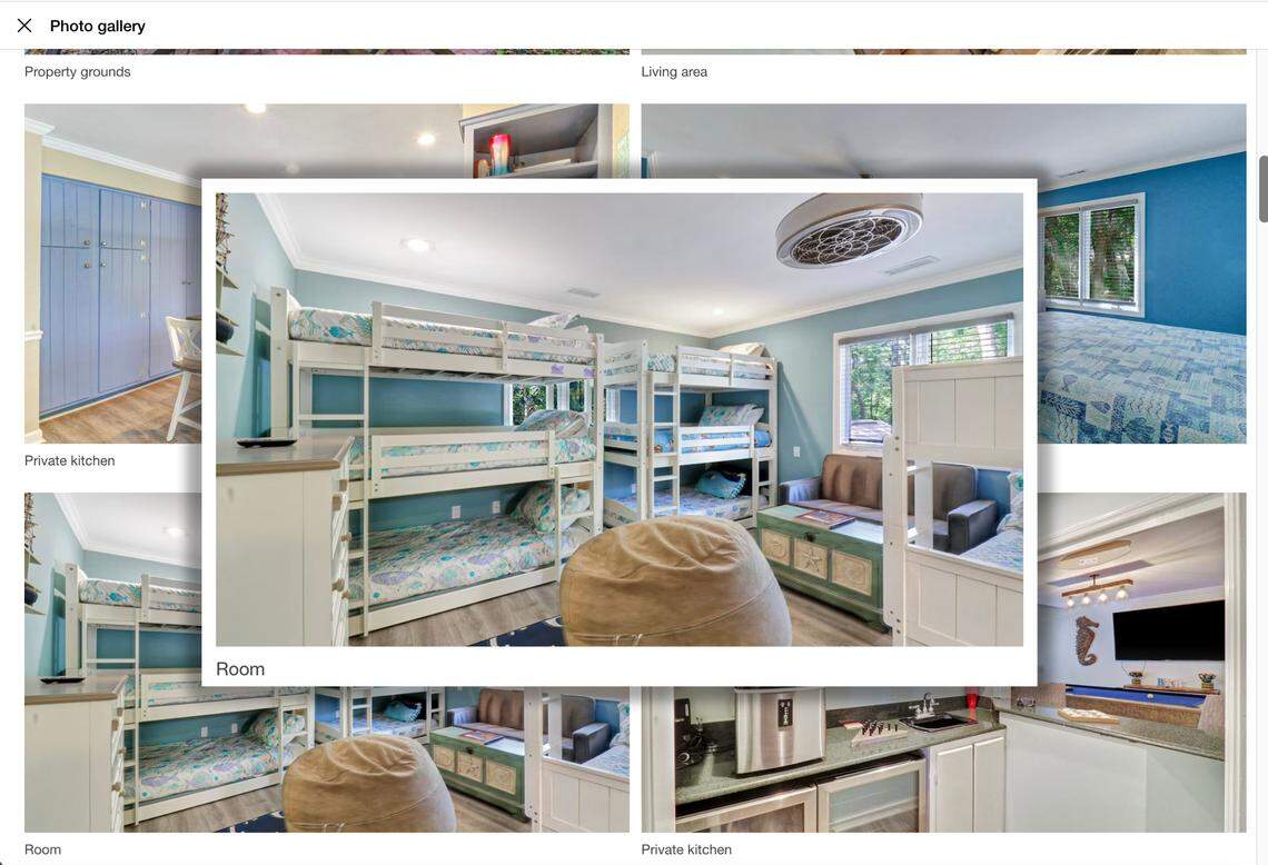 In this illustration of a screen capture from VRBO’s website, a photo shows a bedroom with at least two triple bunkbeds in the Hilton Head listing located in Palmetto Dunes.
