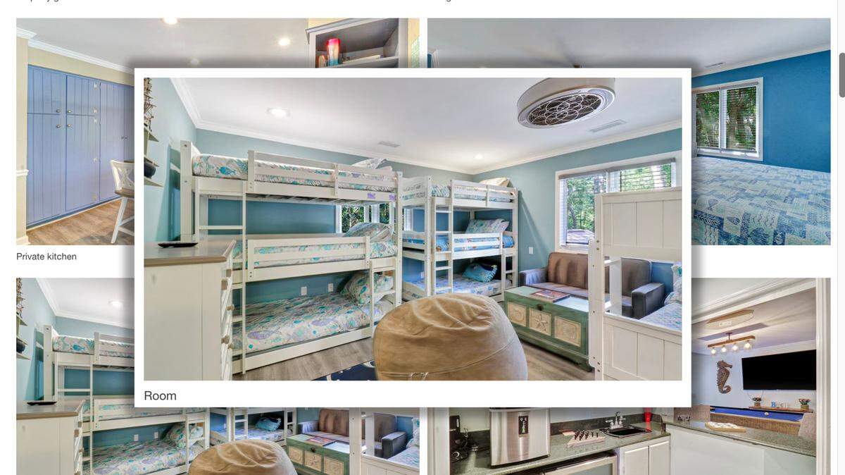 In this illustration of a screen capture from VRBO’s website, a photo shows a bedroom with at least two triple bunkbeds in the Hilton Head listing located in Palmetto Dunes.