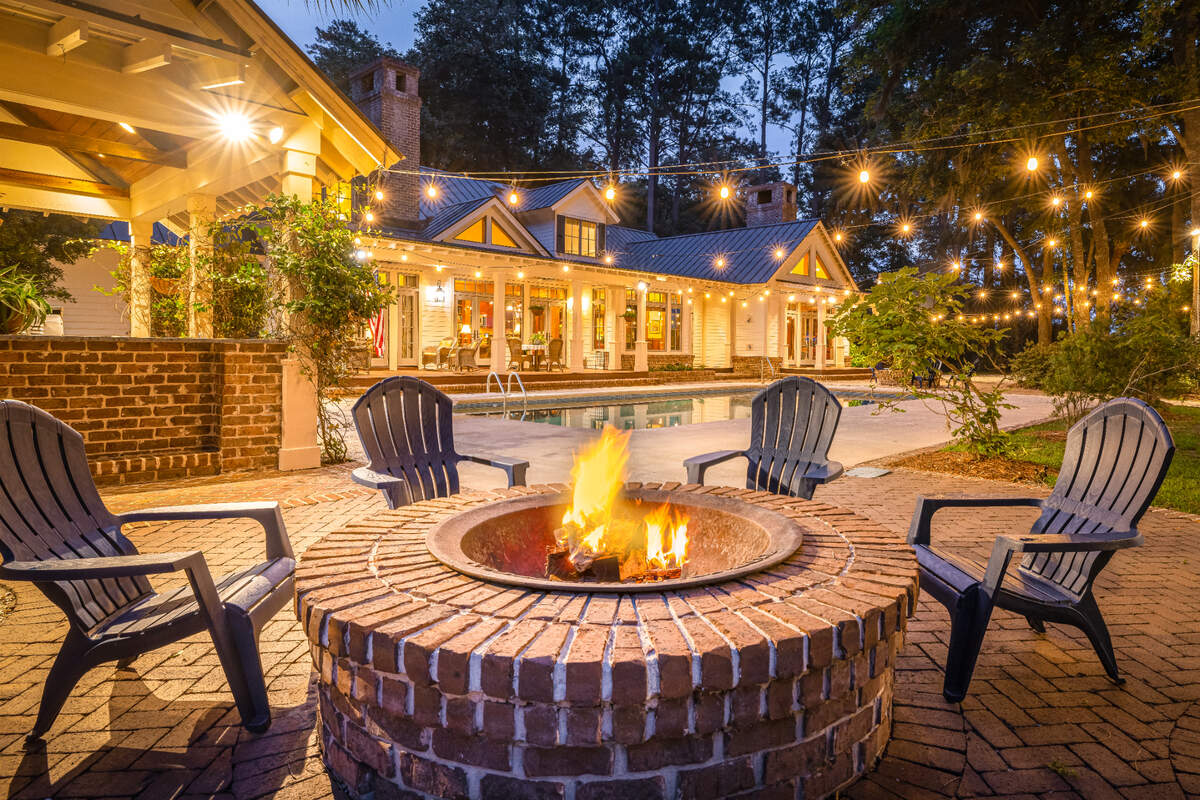 A partial twilight view from behind the residence at 95 Gascoigne Bluff Road in Bluffton, SC.