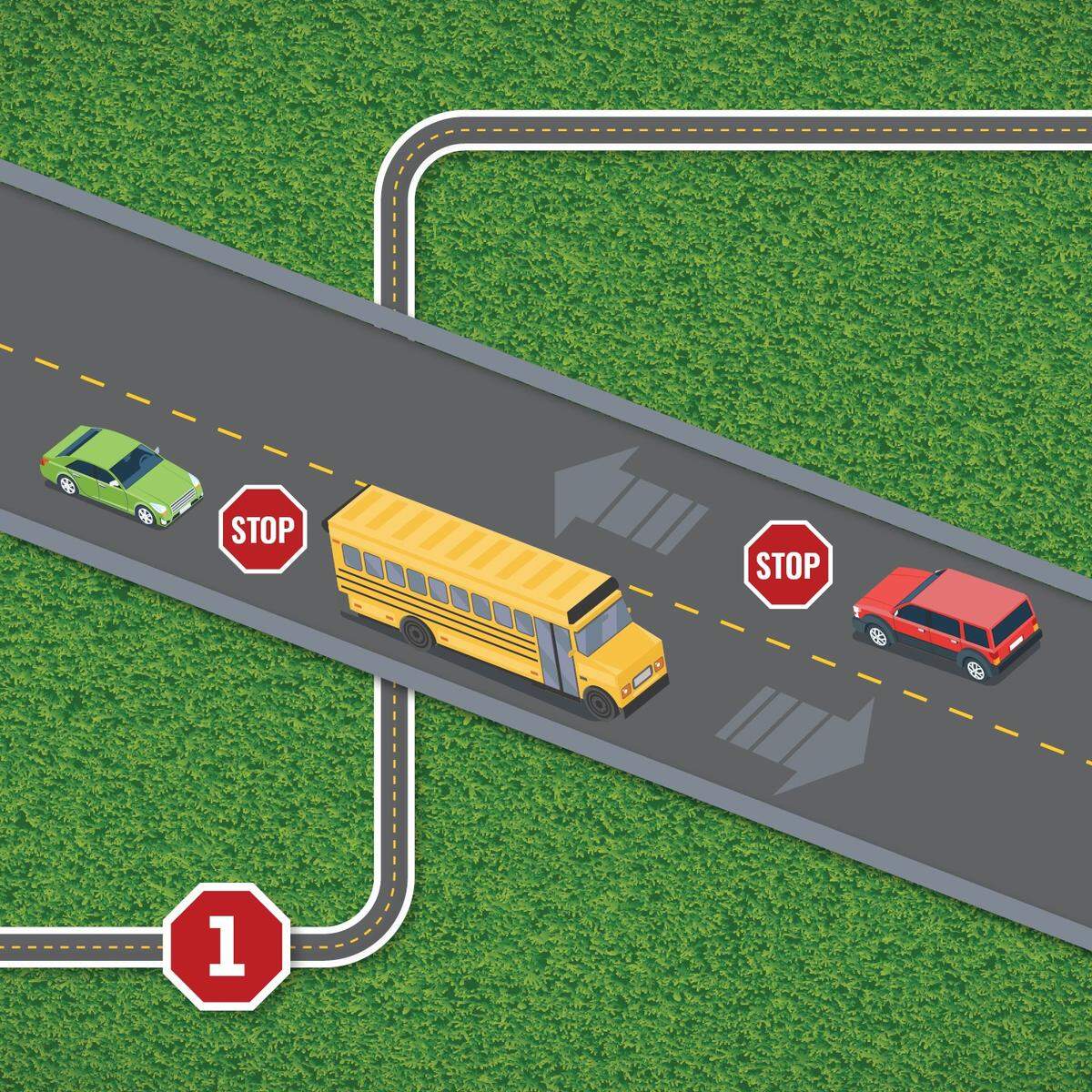 Vehicles traveling in both directions on a two-lane road must stop.