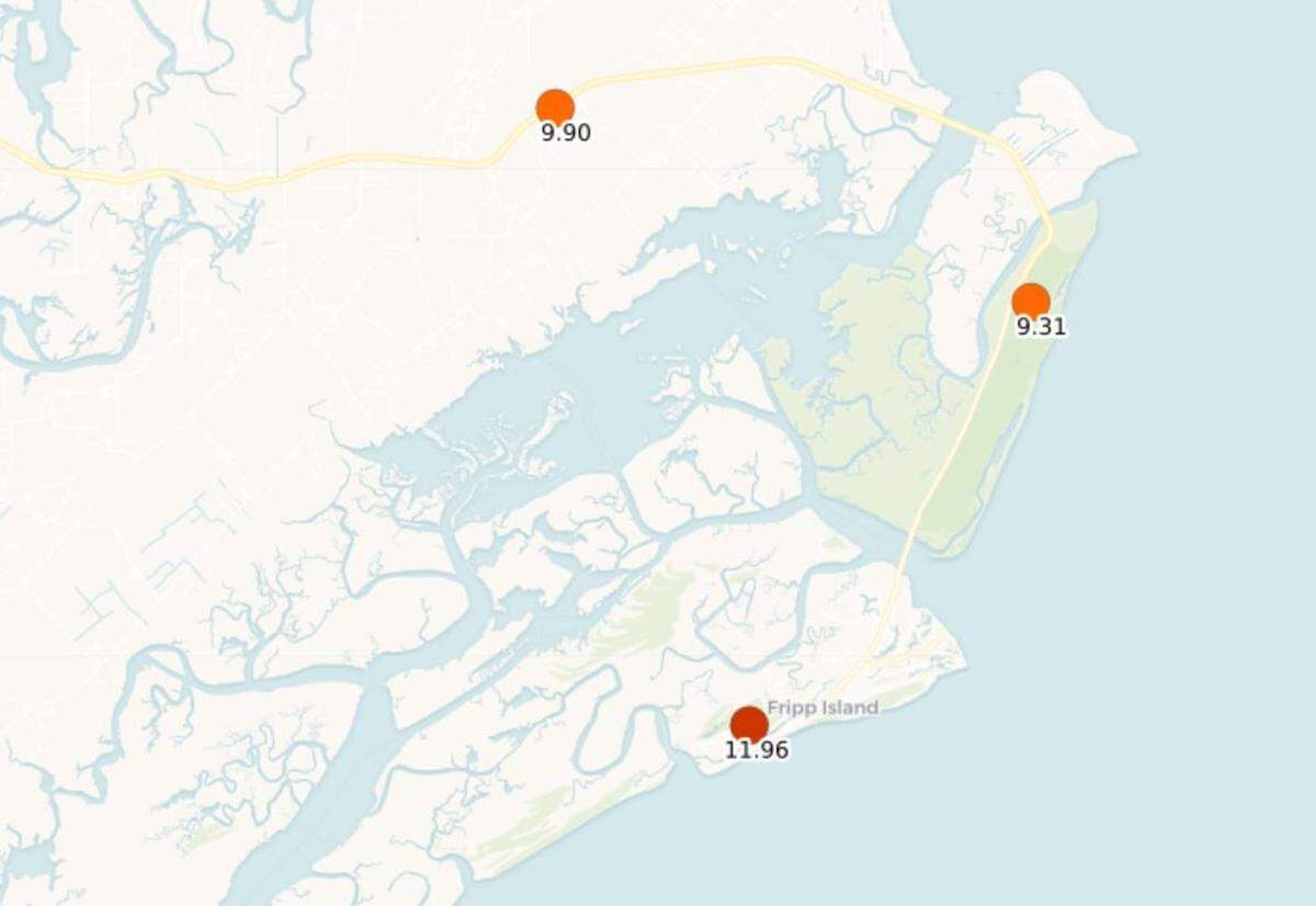 Tropical Storm Debby-driven rainfall totals on Saint Helena and Fripp islands, covering a 120-hour period that began early Sunday morning, Aug. 4, 2024, and lasted through Thursday evening, Aug. 8, 2024.