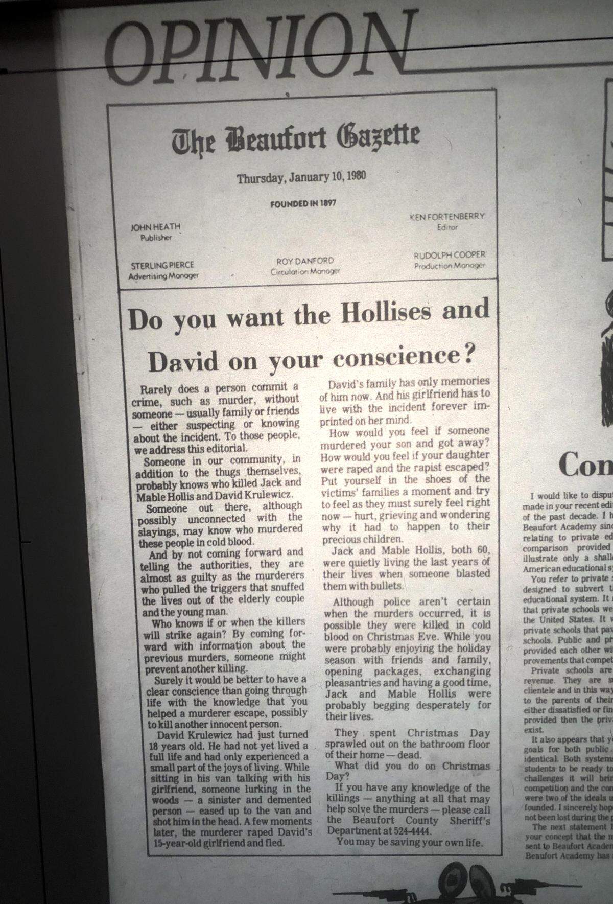 A news clipping of the opinion piece written by the editorial staff of the Beaufort Gazette published on Jan. 10, 1980.