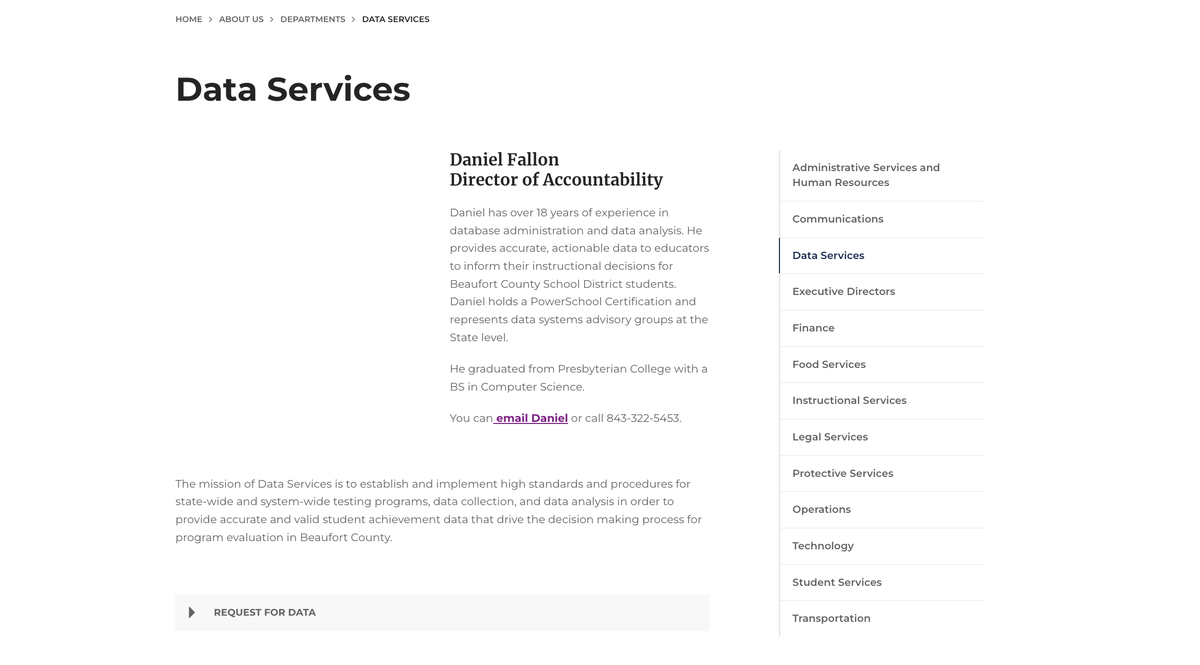 A screenshot shows Fallon’s biography on the school district’s website. The page has since been removed.