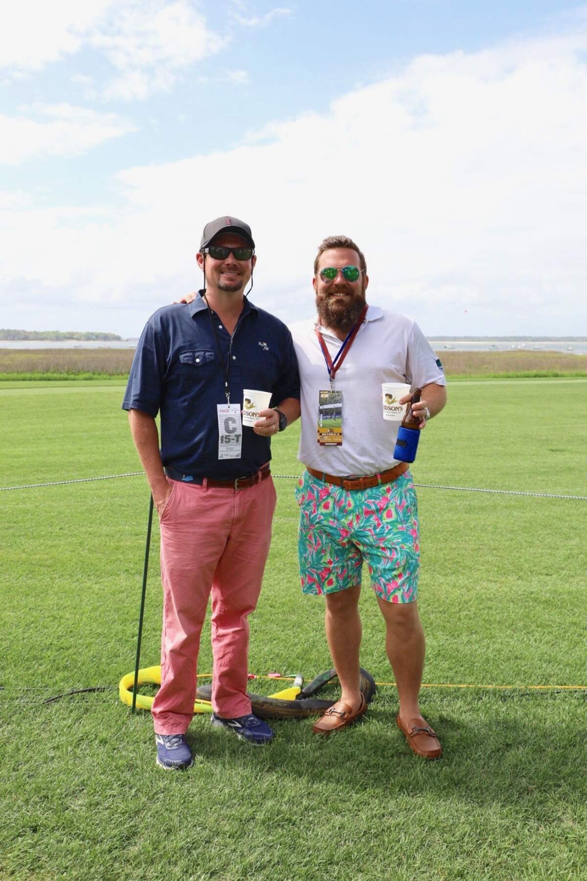 Andrew Kolb rocks pink pants and Andrew Hazel has avocados on his shorts.