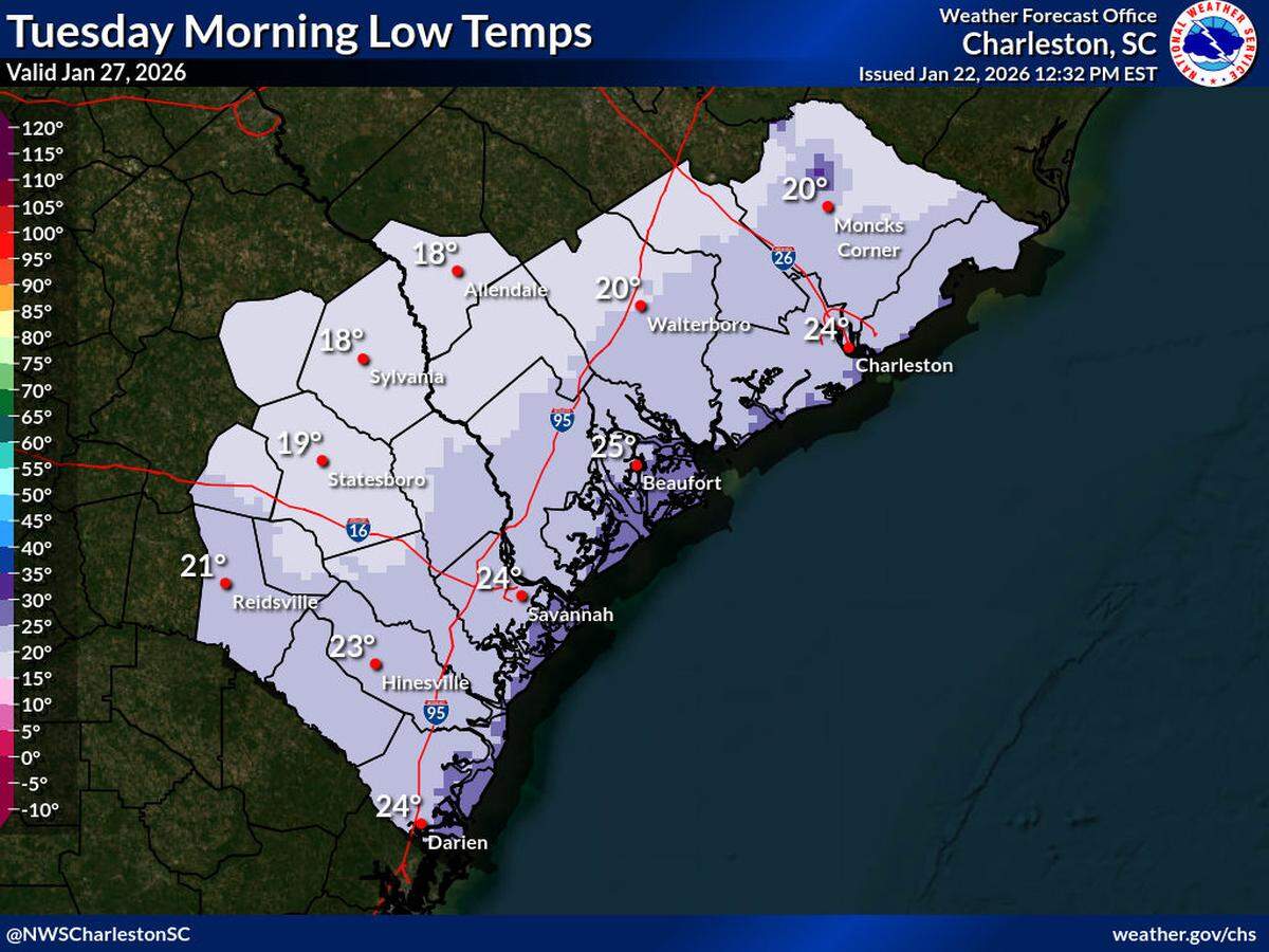 Hilton Head Island is expected to see temperatures drop to around 26 degrees Monday night through Tuesday morning, with Beaufort dipping to 24 degrees.