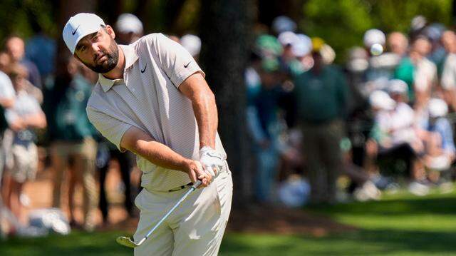 Scottie Scheffler chips onto the No. 1 green Sunday during the final round of the Masters Tournament at Augusta National Golf Club. He’ll head to Hilton Head next to defend the RBC Heritage title.