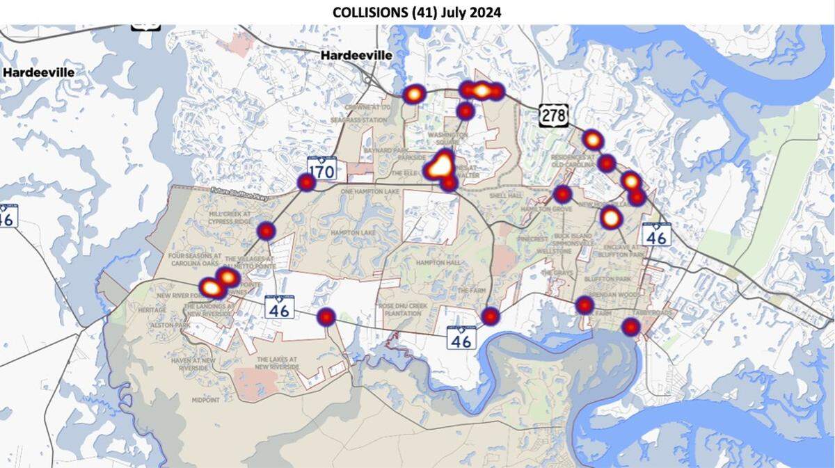 Police in Bluffton utilize monthly heat maps of traffic collisions, citations and warnings to help determine their patrol routes. In July 2024, the department reported 41 crashes in town limits, a 23% decrease from the 53 reported in July 2023. Month after month, collision data is clustered in the areas of U.S. 278, Bluffton Parkway and May River Road.