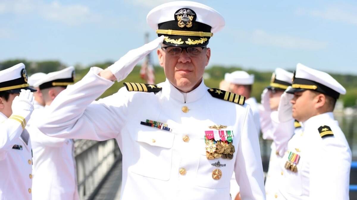Then-Capt. Andrew Miller, commander of the U.S. Navy’s Undersea Warfighting Development Center, departs a change-of-command ceremony at the Submarine Force Museum in Groton, Conn. on May 12, 2023. He was promoted to rear admiral in December.