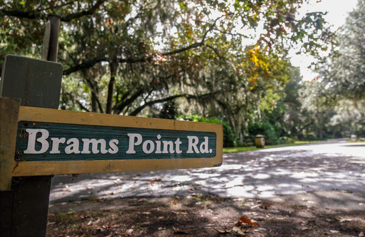 A street sign points the way to Brams Point Road as seen on Wednesday, Nov. 11, 2020 in the non-gated community of Spanish Wells on Hilton Head Island.