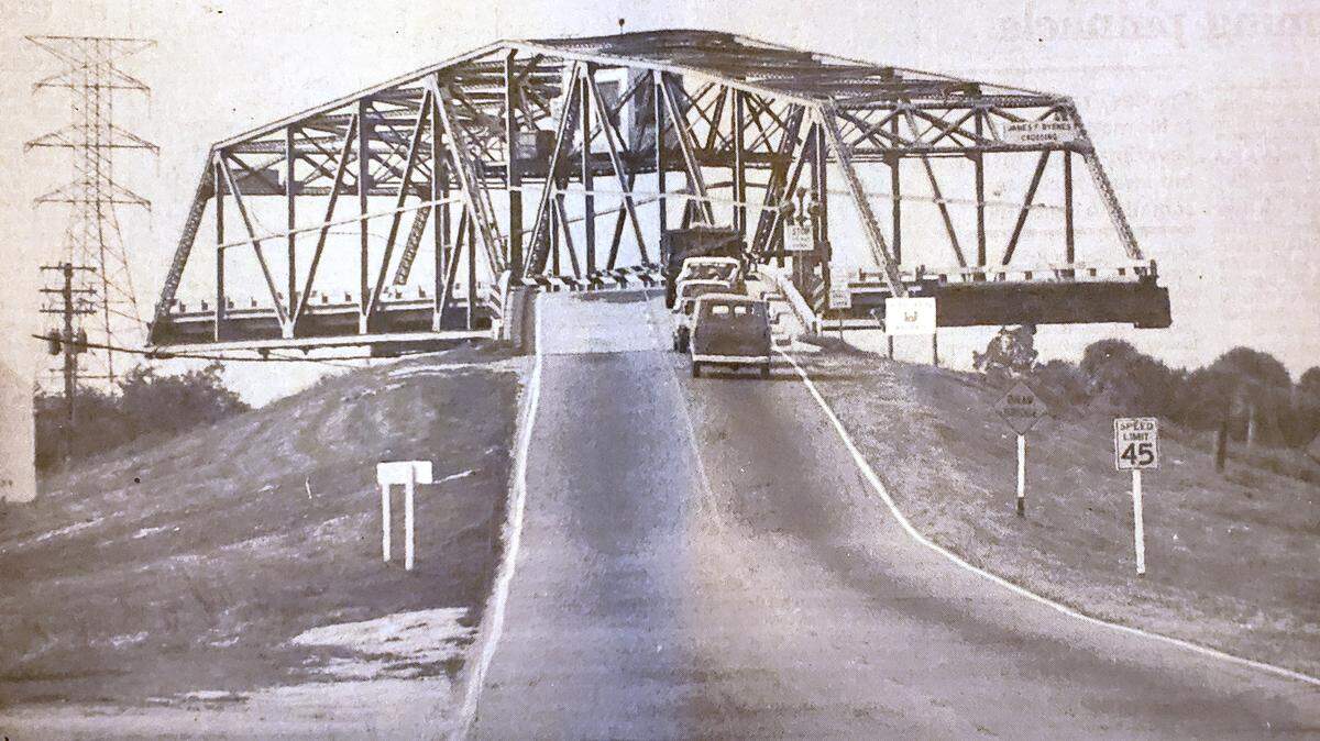 The original James F. Byrnes Crossing — a swing-span bridge over Skull Creek — as it appeared in 1972.