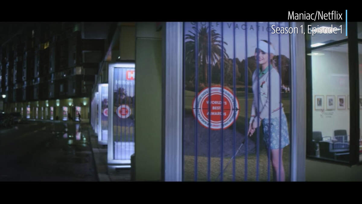 A screen-grab of an billboard featuring an advertisement for “Hilton Head Golf Vacations” on the Netflix show “Maniac,” featuring Emma Stone and Jonah Hill.