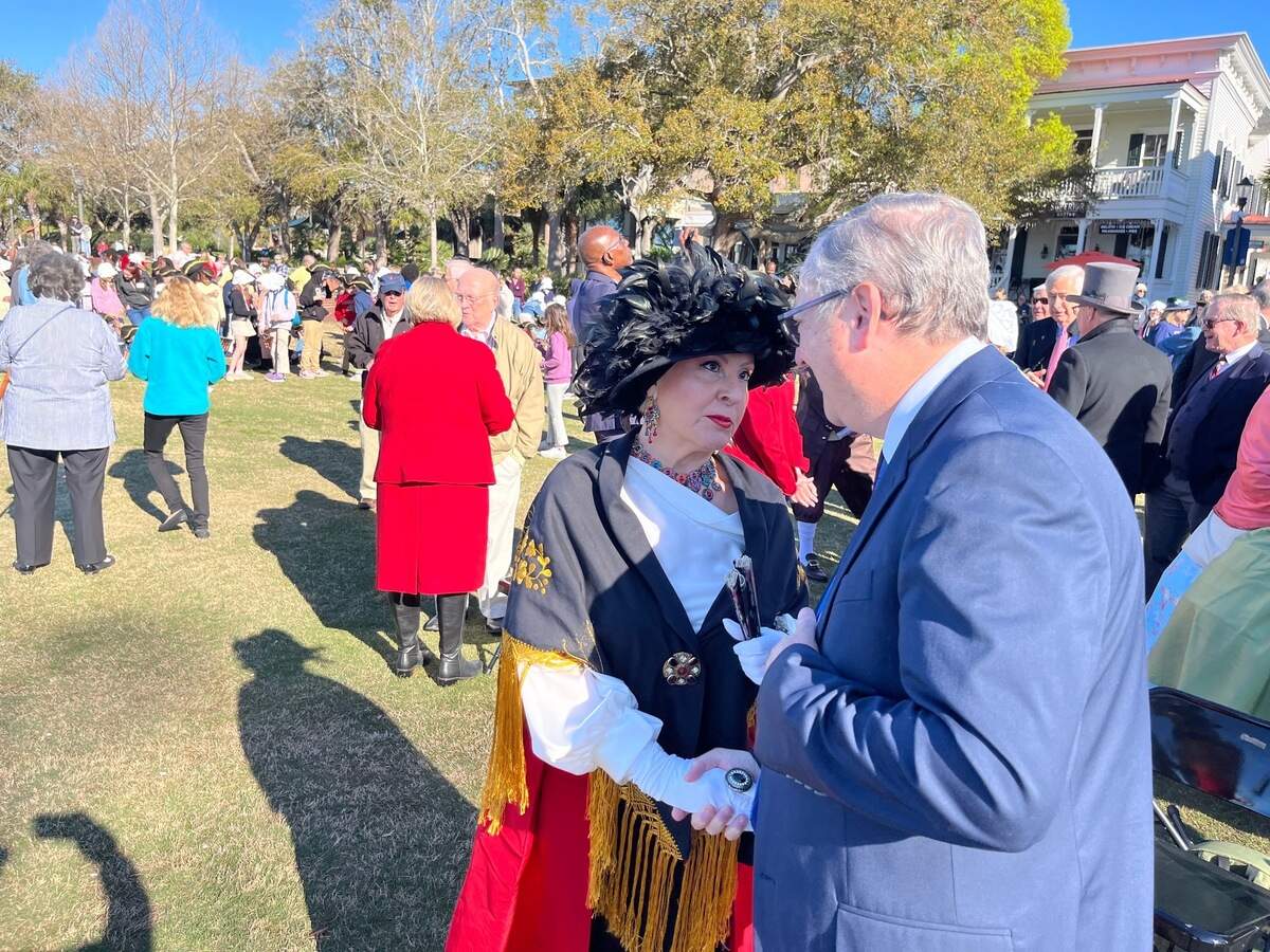 Like many who attended the The Lafayette Returns event Tuesday in Beaufort, Marta Rodriguez, chatting with Beaufort City Councilman Neil Lipsitz, dressed in period costume. The event recreated Lafayette’s stop in Beaufort on March 18, 1825.
