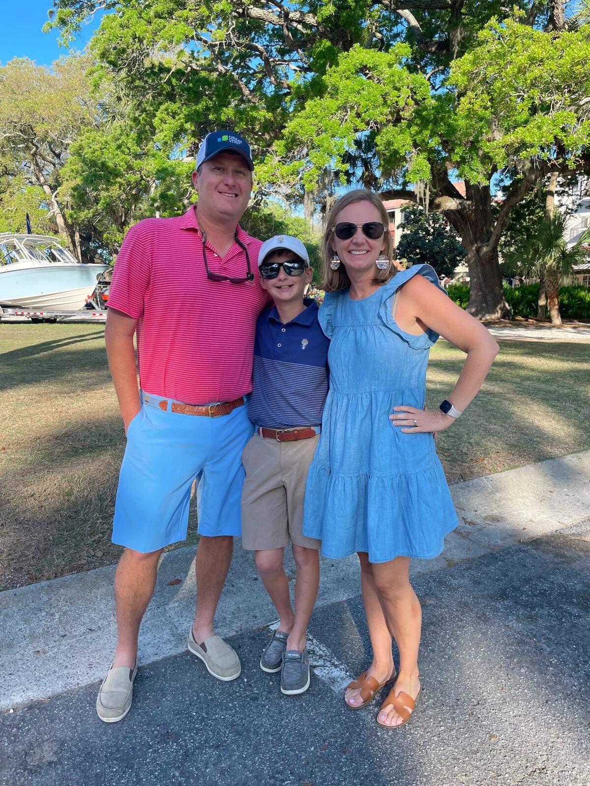The Brookshire family poses for a photo outside a trolley stop in Harbour Town on Friday, April 15, 2022.