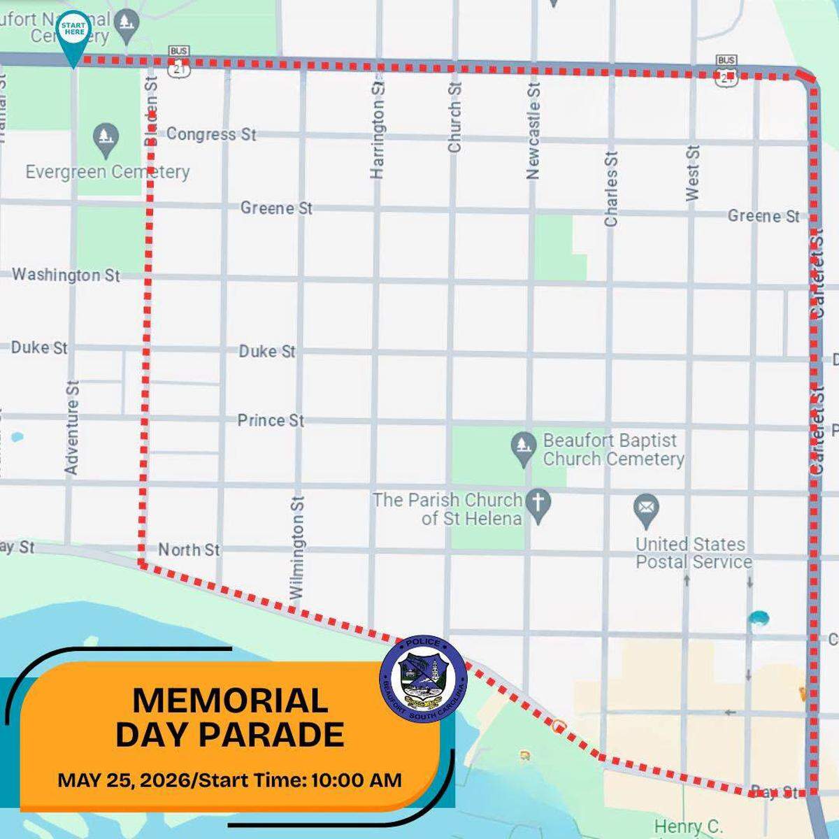 The route for the Beaufort Memorial Day Parade, scheduled for 10 a.m. on Monday, May 25.
