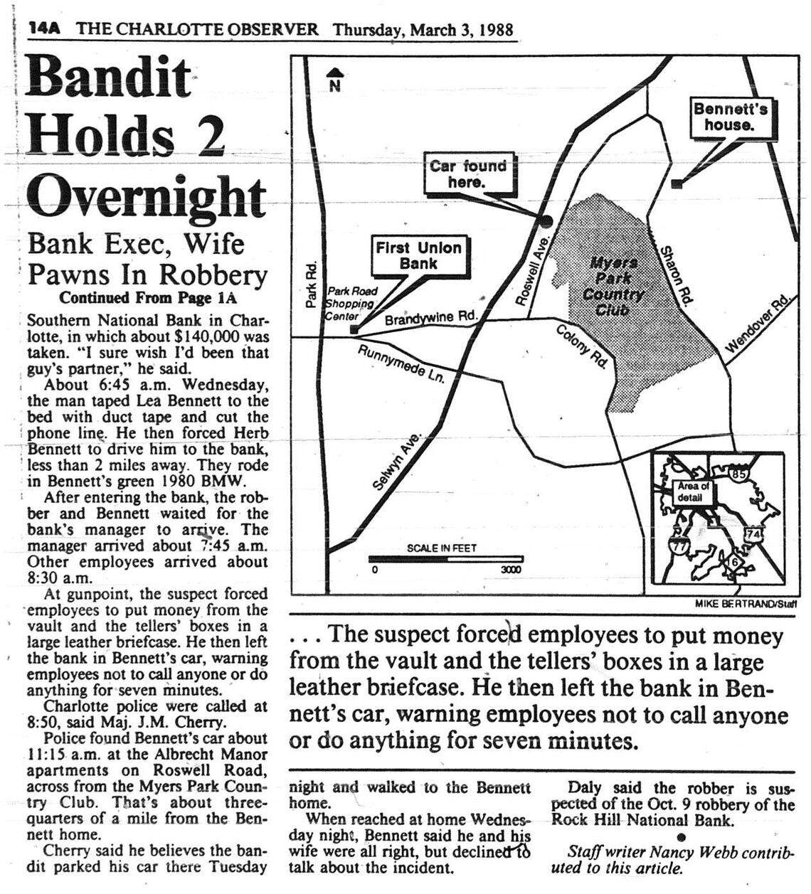 This clipping from the March 3, 1988 Charlotte (N.C.) Observer details when Drew Mills Dobson held a bank executive and his wife hostage by gun point the night before robbing the bank in the morning.