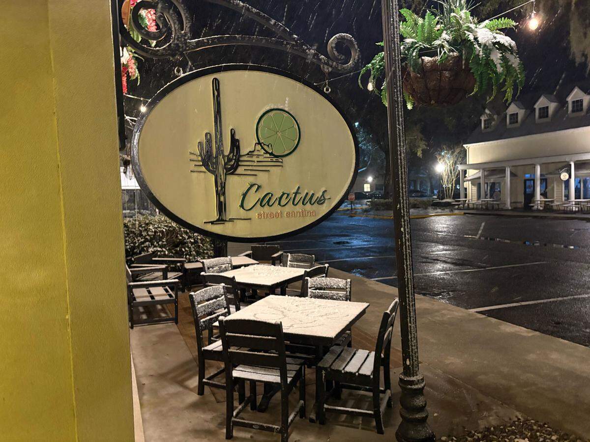 It was snowing Saturday night, Jan. 31, 2026, outside of Cactus Street Cantina in Hilton Head Plantation’s Main Street Village.