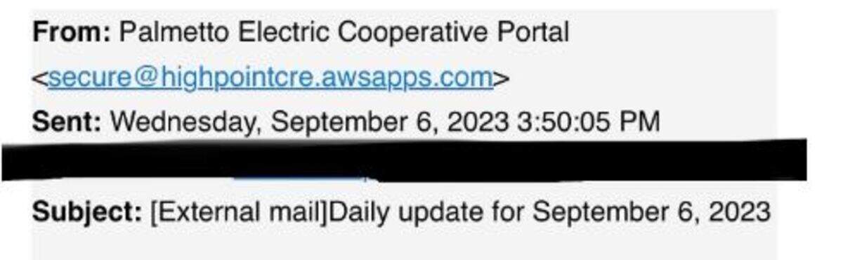 This screenshot is an example of a scam email address. The “from” section displays as Palmetto Electric Cooperative Portal, but the address attached is not associated with the company, a common tell for scam emails.