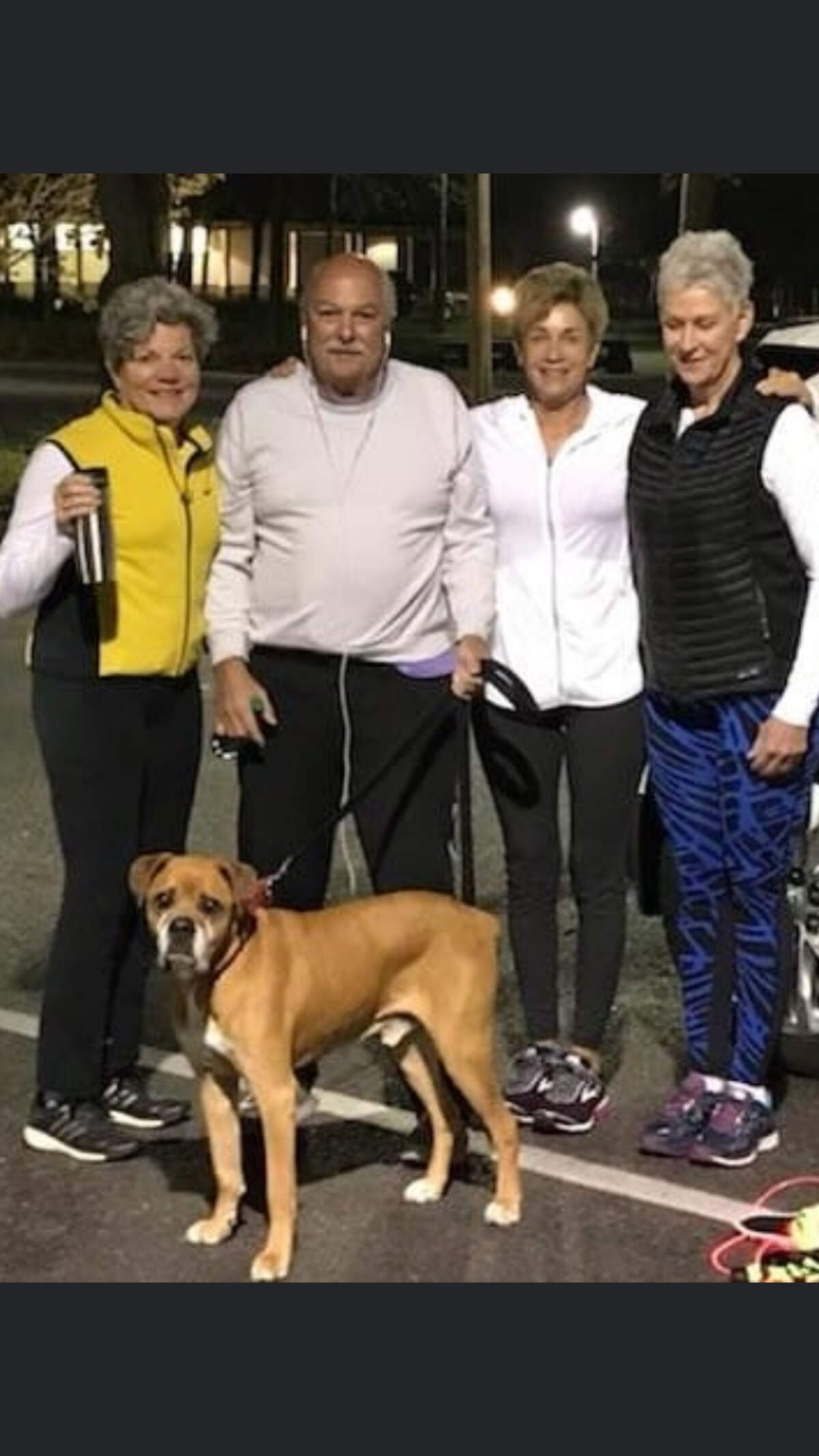 Romeo with Barry Ginn and the regular early-morning bridge walkers, from left, Tina Goodson, Dixie Cope and Brenda May.