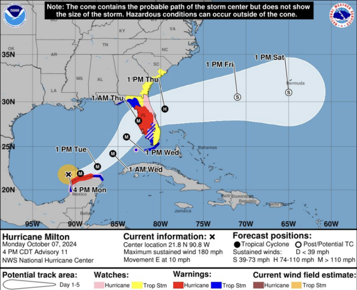 Approaching Florida as a “dangerous” Category 5 storm Monday evening, Hurricane Milton is expected to accelerate to the northeast Tuesday and Wednesday, according to the National Weather Service’s Charleston office. The Hilton Head Island area is most at risk of storm surge, meteorologists say.