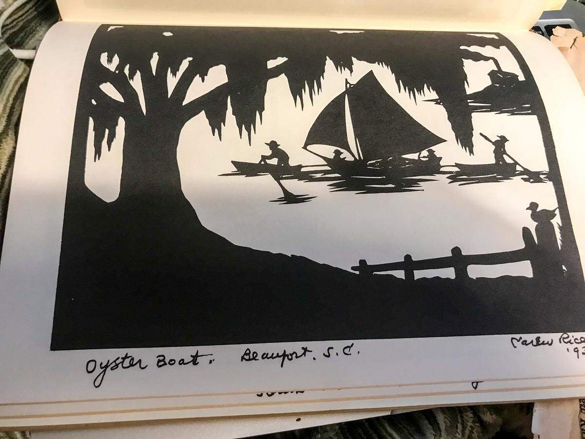 “Oyster Boat - Beaufort, S.C.” a page from Carew Rice’s 1962 book, “A Selection of Songs and Scissor-Cut Silhouettes: Lowcountry Artistry.”