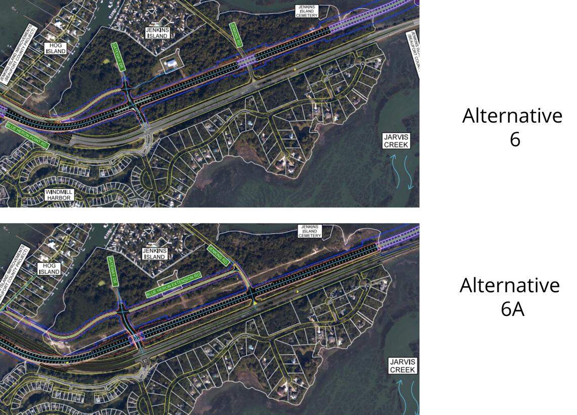 A comparison between alternative 6 and 6A from SCDOT. The grey represents the existing highway and the black represents the future highway at Jenkins Island.