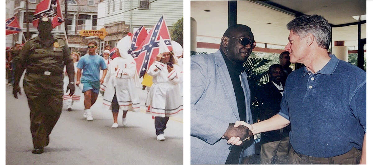 Bobby Jenkins helped KKK members march safely during the pro-flag movement in Charleston (left) and helped Secret Service protect President Bill Clinton when he would visit Hilton Head Island (right).
