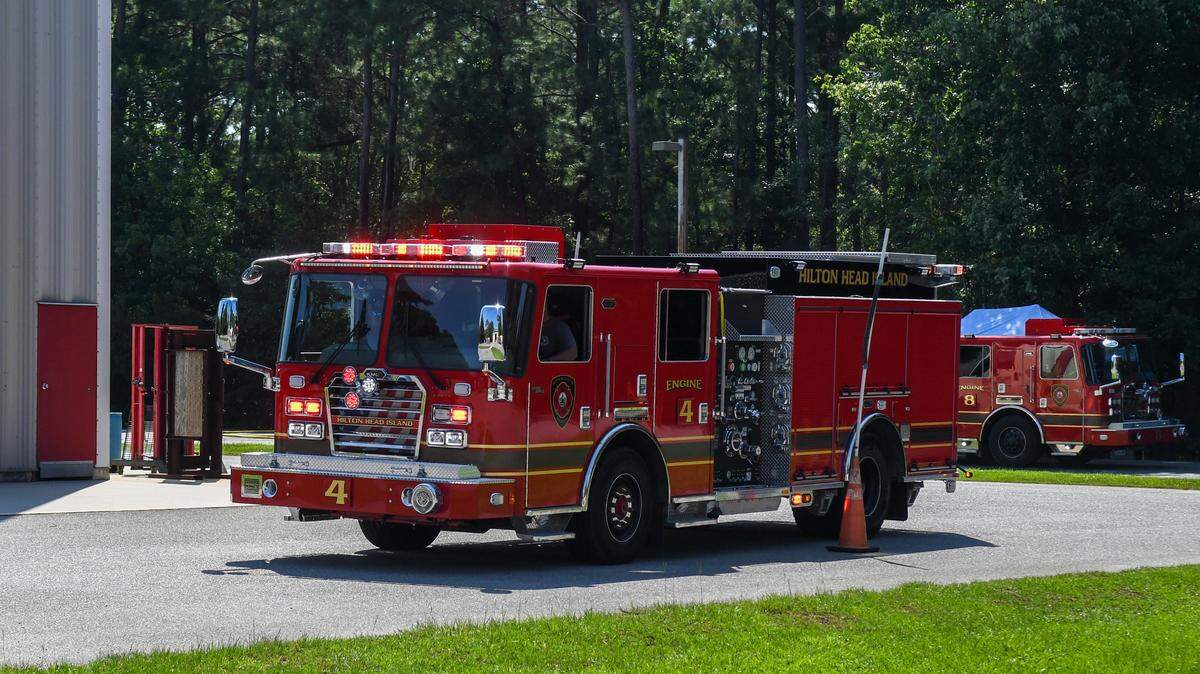 Hilton Head Island Fire Rescue firefighters in Engine 4 are tested in their driving skills with the new custom designed KME pump trucks as Engine 8, background, is used to educate firefighters in the pumper truck’s pressurization system on Aug. 1, 2024 at headquarters on Hilton Head.