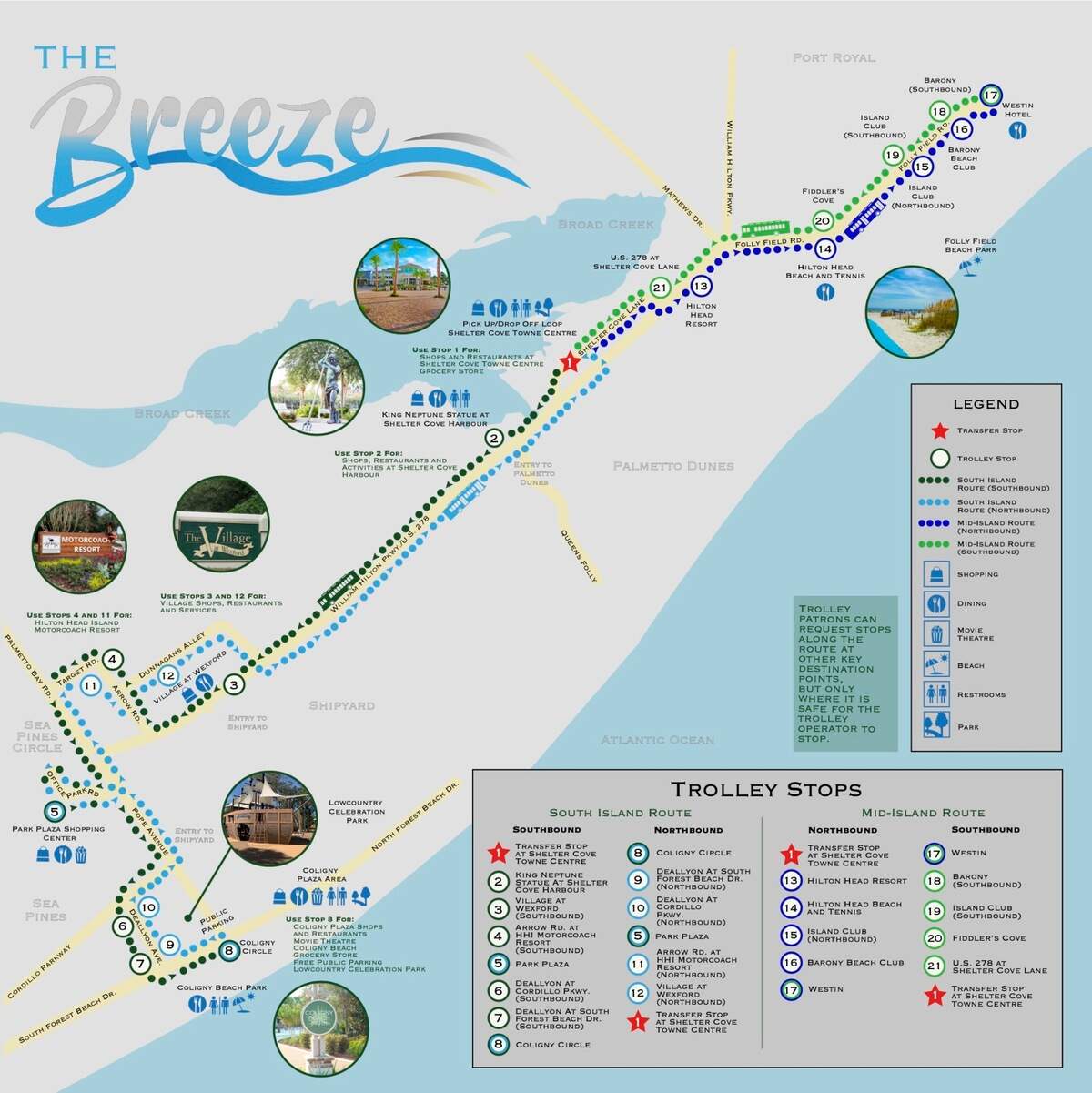 The Breeze Trolley’s 2021 route map shows its new Mid-Island Route, which meets the existing South Island Route at Shelter Cove.