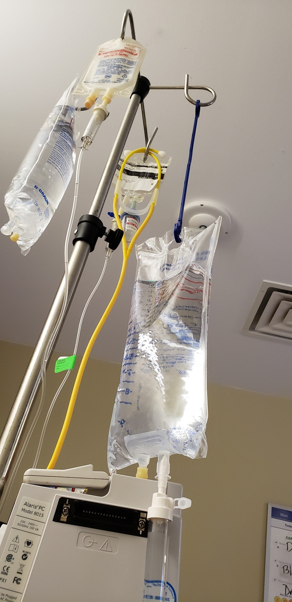 IV fluids in Pamela Lazarus Rickett’s Hilton Head Hospital Room, where she was treated for COVID-19 between March 20-27, 2020.