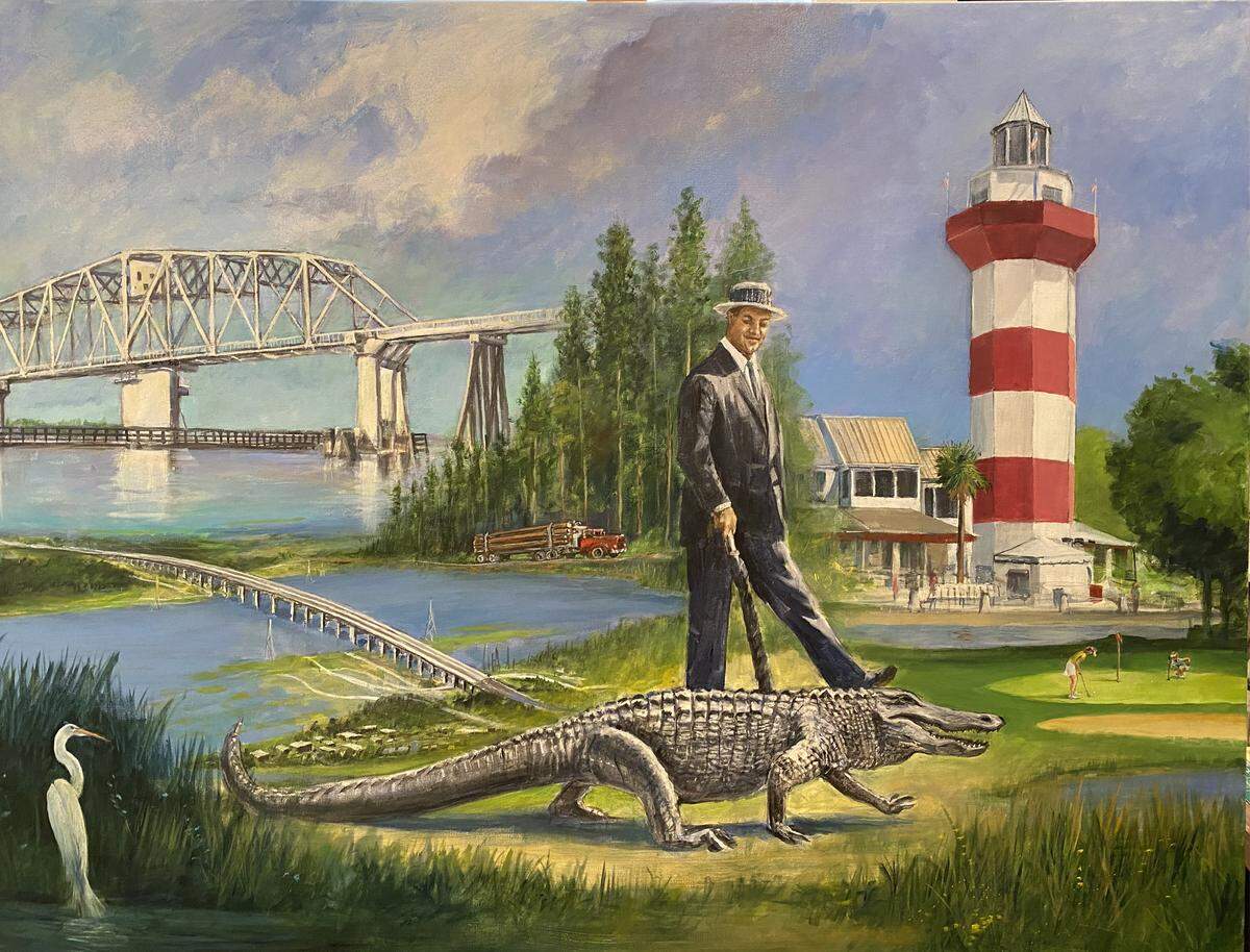Artist Dennis Lake depiction of the Harbour Town lighthouse and Hilton Head real estate developer Charles Fraser for the Hilton Head Middle School history gallery.