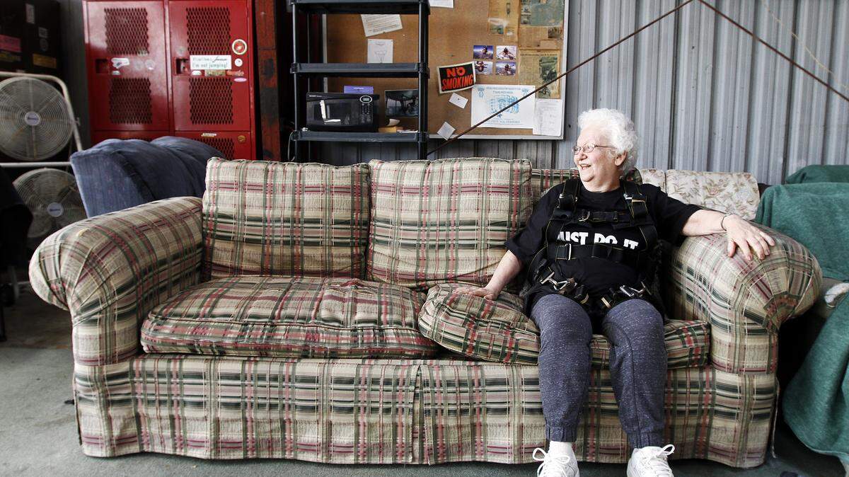 Lucille Lipsitz waits inside the hangar in Walterboro before getting on a plane to skydive for her 84th birthday in 2014.