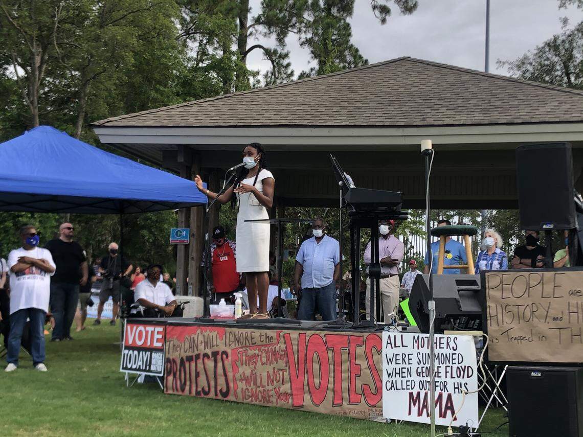 Savannah Littlejohn, of Bluffton, speaks at Chaplin Park on Hilton Head Island Sunday, June 7 at the Rally for Justice and Change, which was organized to advocate for an end to police brutality and racism. Around 1,000 people attended.