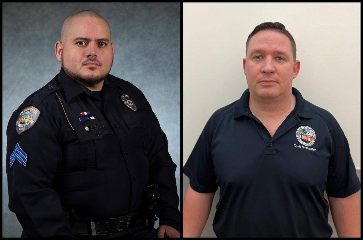 Sgt. Bonifacio Perez (left) of the Bluffton Police Department and former quartermaster Thomas Rauchfuss were indicted Thursday on accusations of stealing one or more firearms from the department. Town officials say the investigation began after a fellow officer observed Rauchfuss failing to document a gun that was surrendered to the police force.