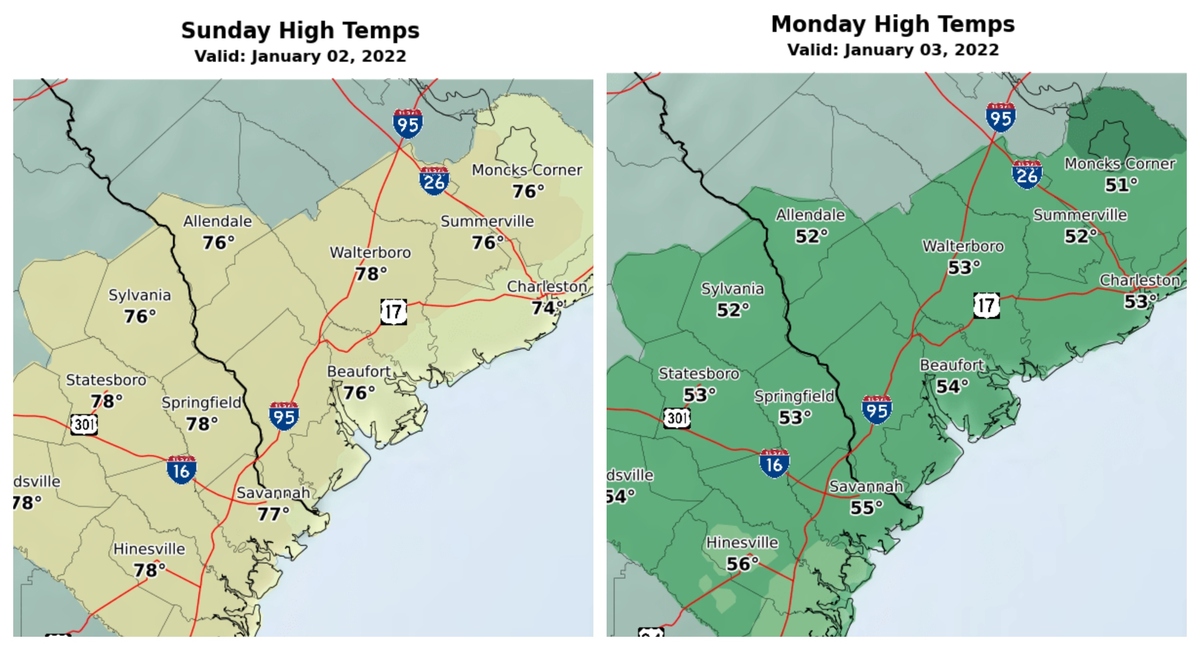These two maps show the forecasted high temperature for Sunday, left, and Monday.